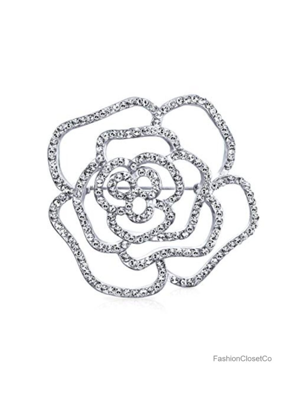 Open Rose Flower Brooch Pin Silver Plated Pave CZ Statement Jewelry